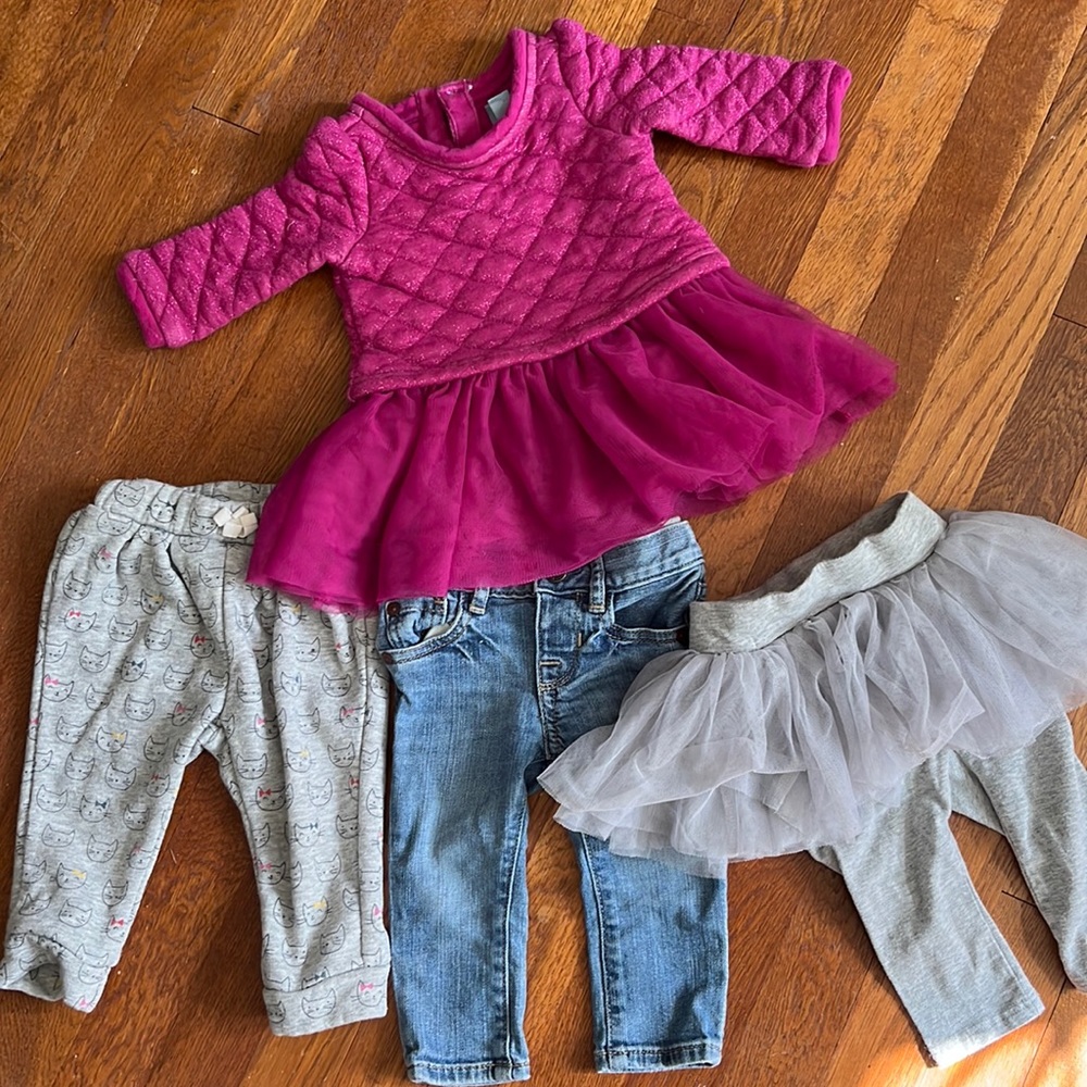 Baby gap 6-12 month lot - jeans, cat sweatpants, tutu leggings, fushia dress